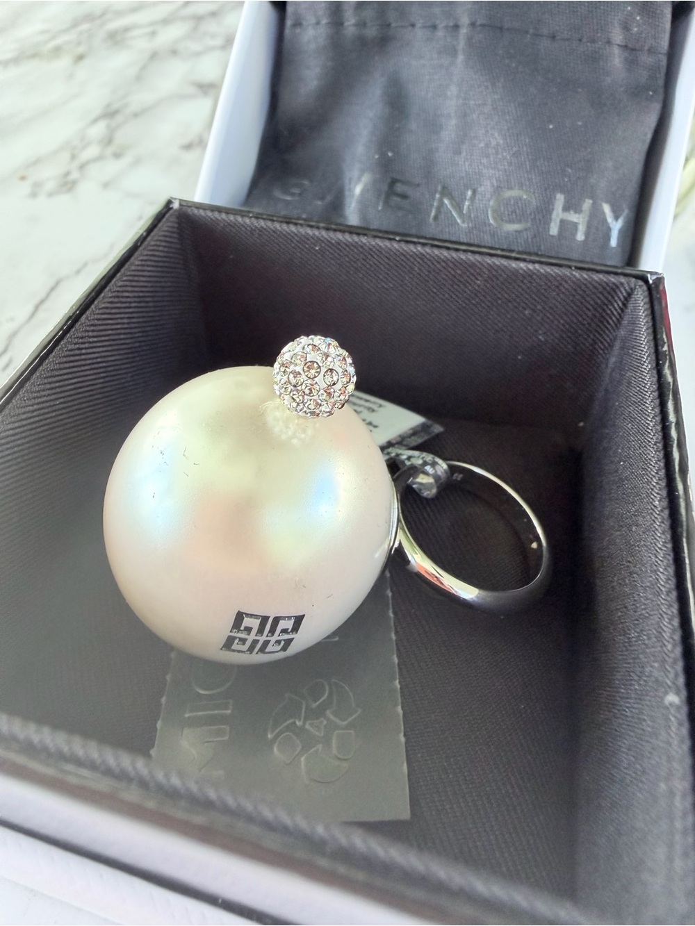 Givenchy Pearl-Style Silver-Tone Crystal cocktail ring